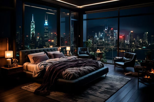 A cozy bedroom with night view