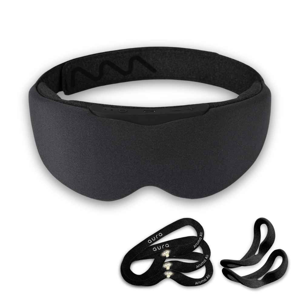 Aura Smart Sleep Mask Black Bundle that includes Attachable lavender-infused cushions and Additional 3D hug cushions
